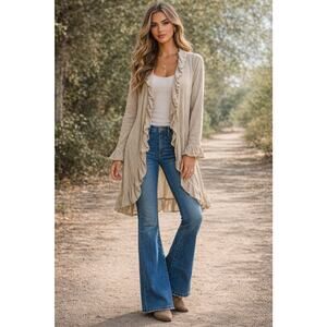 Antonio Melani 100% Merino Wool Tan Ruffle Longline Minimalist Cardigan S